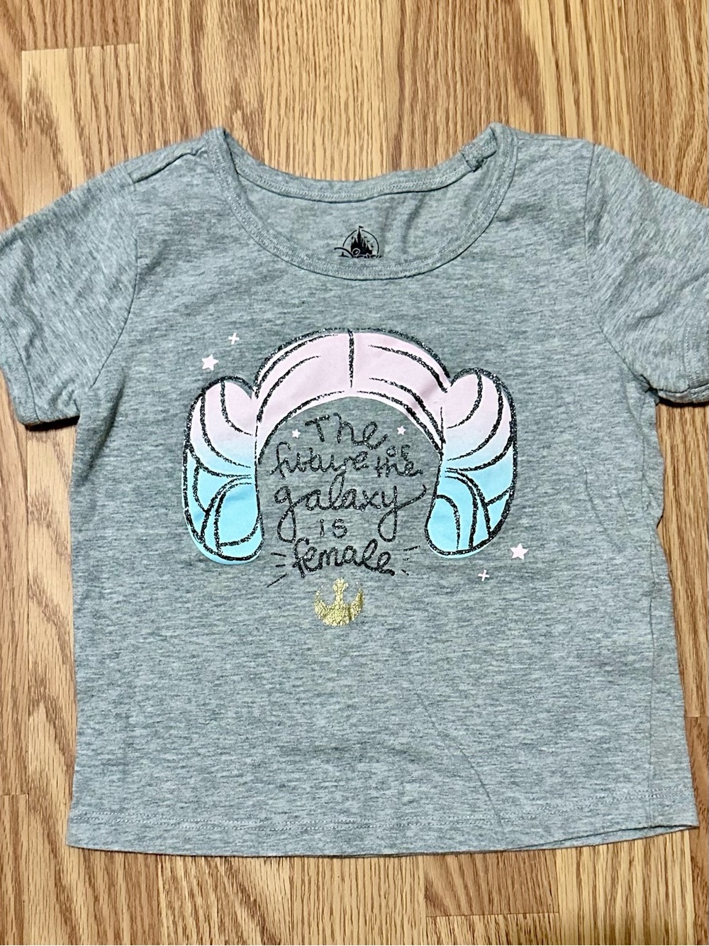 Disney Star Wars Gray Tee with Pink & Blue Graphic and Gold Accent